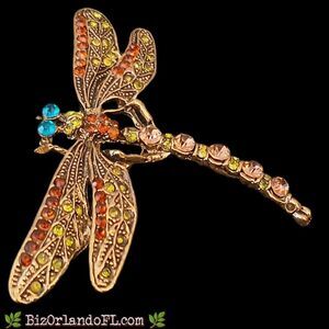 Vintage Style Rhinestone Dragonfly Brooch Pin Gold Tone Multi Color Crystal